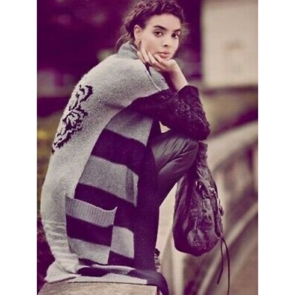 Free People Black Gray Striped Floral Knit Long Cardigan | Boho Grunge Fairy S